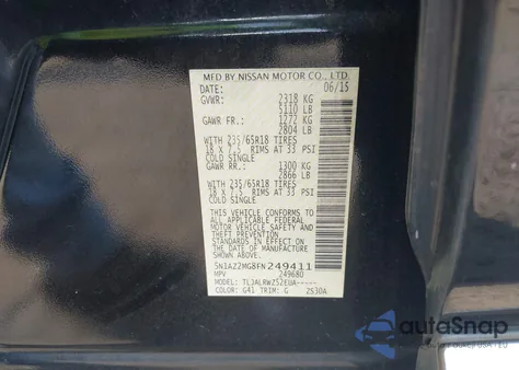 2015 Nissan Murano Sl from USA, damaged, VIN 5N1AZ2MG8FN249411